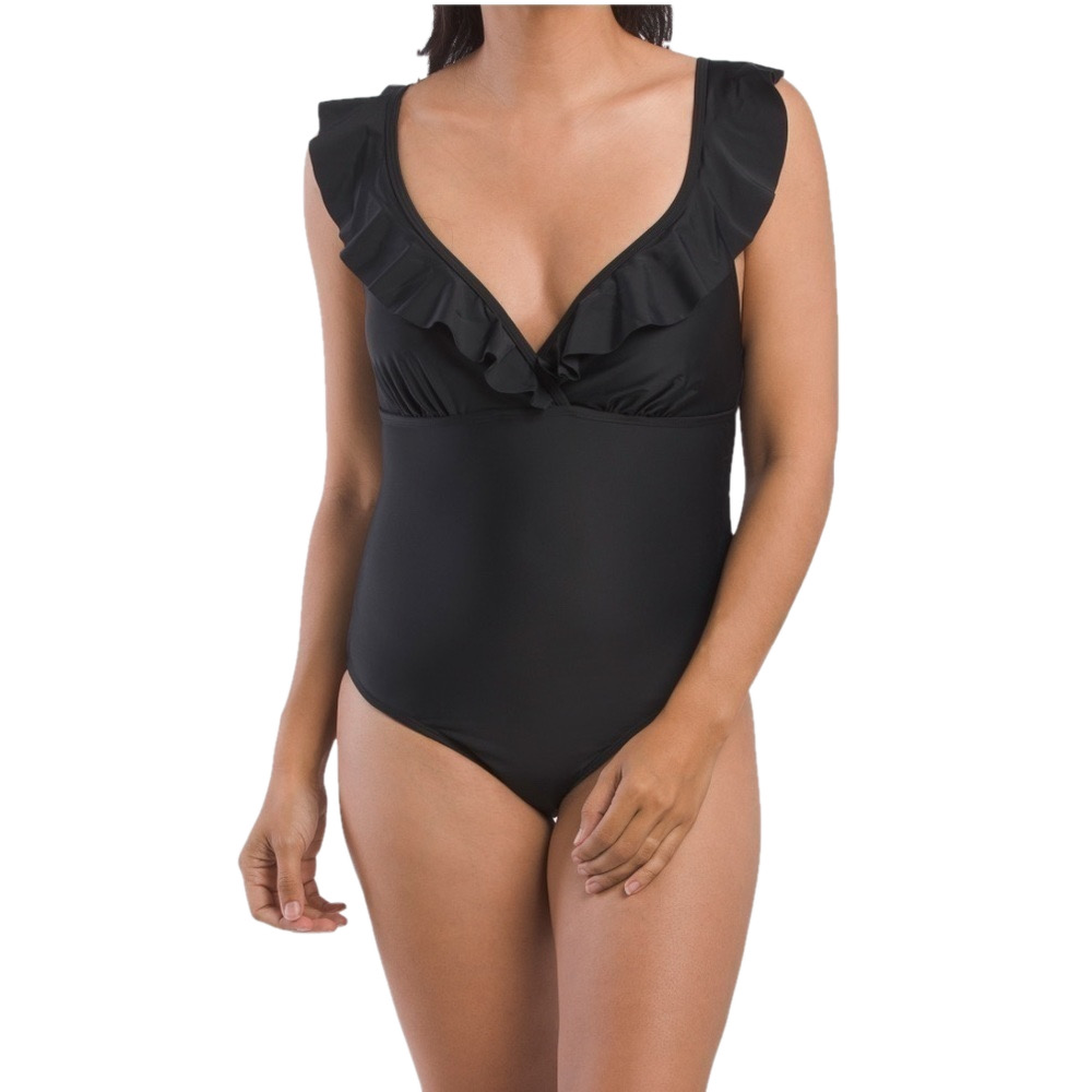 Tahari New Women Size L Classic Black Ruffle Surplice V Front One Piece Swimsuit